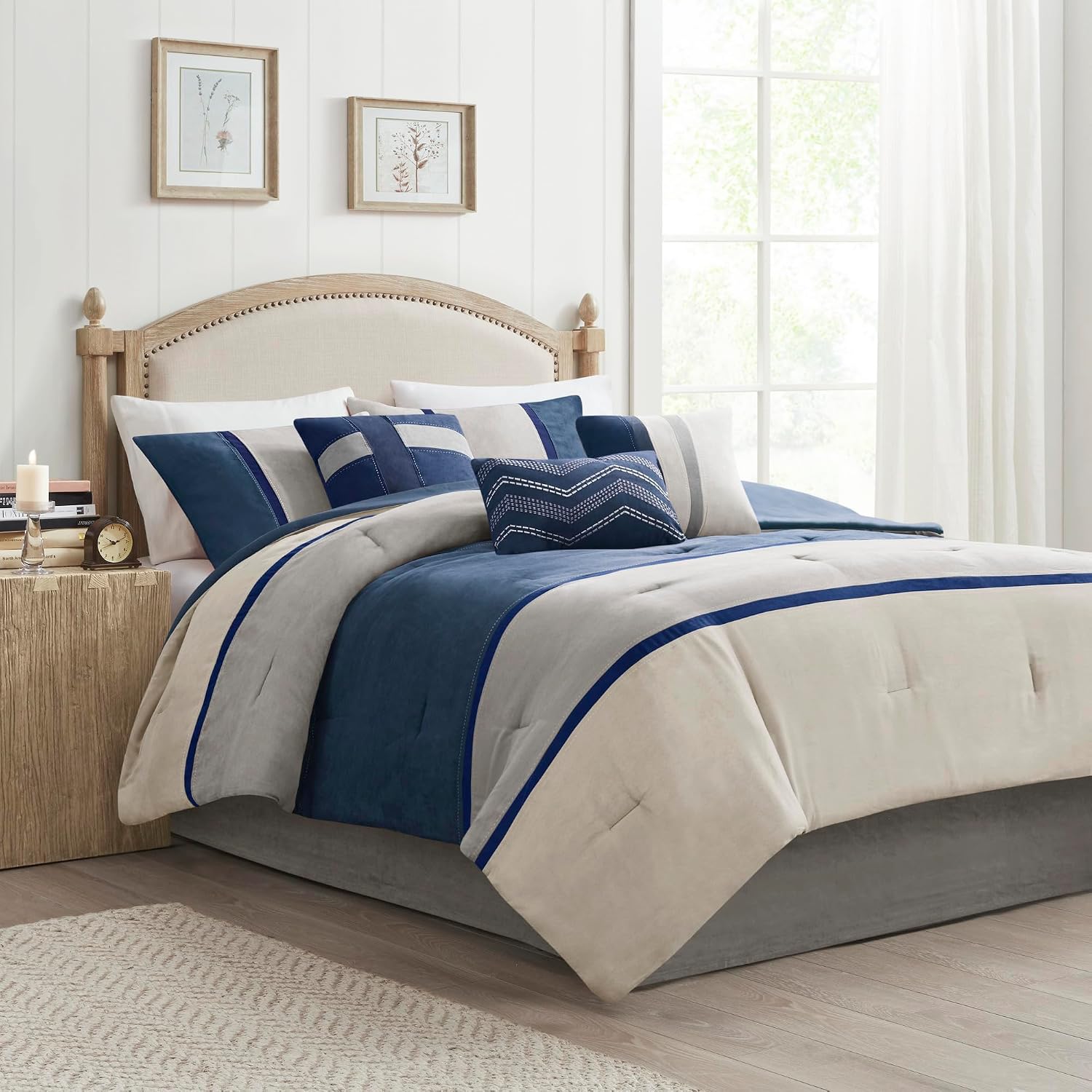 Madison Park Palisades Comforter Set Modern Faux Suede Pieced Stripe Design, All Season Down Alternative Cozy Bedding with Matching Shams, Decorative Pillows, Queen(90'x90'), Multicolor, 7pcs