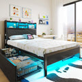 Rolanstar Twin Bed Frame with Storage Headboard & 4 Drawers, Metal Platform Bed with Charging Station, LED Single Bed with Side Shelf, No Box Spring Needed, Easy Assembly, Black
