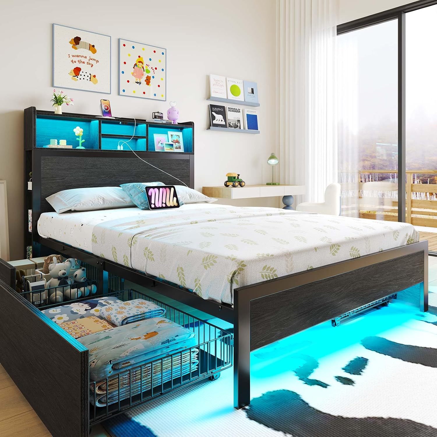 Rolanstar Twin Bed Frame with Storage Headboard & 4 Drawers, Metal Platform Bed with Charging Station, LED Single Bed with Side Shelf, No Box Spring Needed, Easy Assembly, Black
