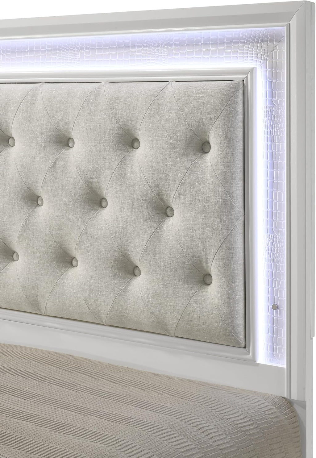 Modern Crisp White Textured Finish Tufted Headboard Integrated LED Lighting King Size 5pc Bed Set Bedroom Furniture