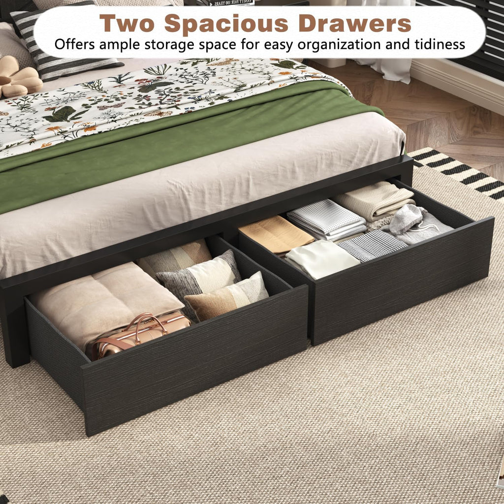 Incyneva Farmhouse Queen Bed Frame with Bookcase Storage Headboard, Charging Station, LED Light and 2 Storage Drawers, Noise Free, No Box Spring Needed, Black