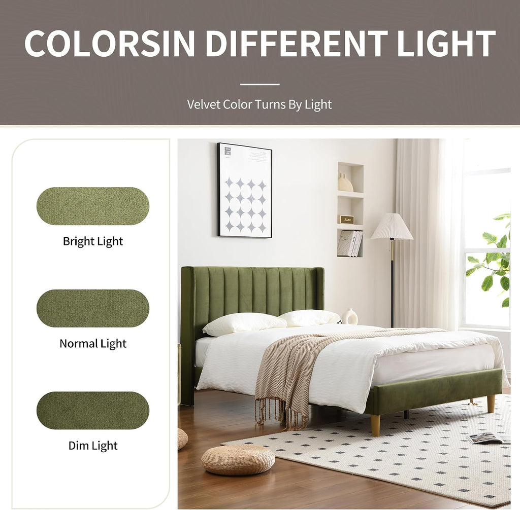 YUHUASHI upholstered Platform Bed Frame/Queen Bed Frame/Modern Geometric Double-Wing Design headboard/Velvet Fabric/Easy to Assemble no Noise (Grass Green, Queen (U.S. Standard))