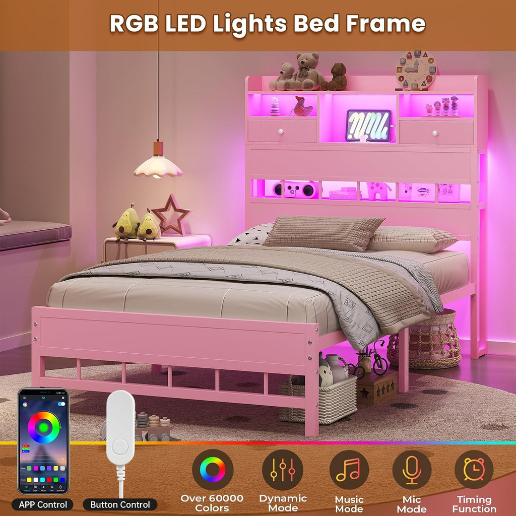 BTHFST Twin Bed Frame with Storage Headboard & Charging Station, LED Bed Frame Twin with 5 Shelves & Under Bed Storage, Platform Bed Frames for Kids, No Box Spring Needed, Pink