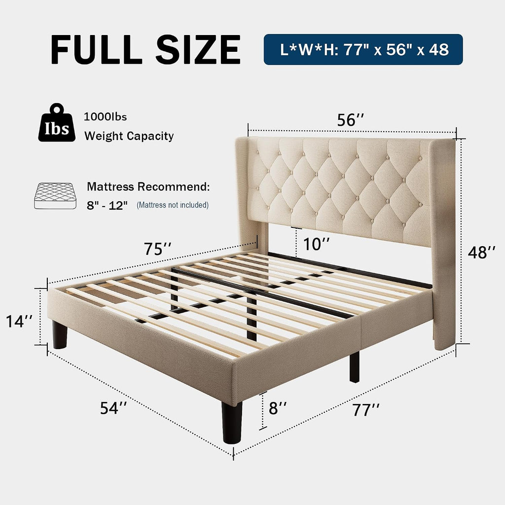 GalnFu Full Size Bed Frame with Button Tufted Headboard, Upholstered Platform Bed Frame with UnderBed Storage, Wooden Slats Supports, Noise Free, No Box Spring Needed, Easy Assembly, Beige