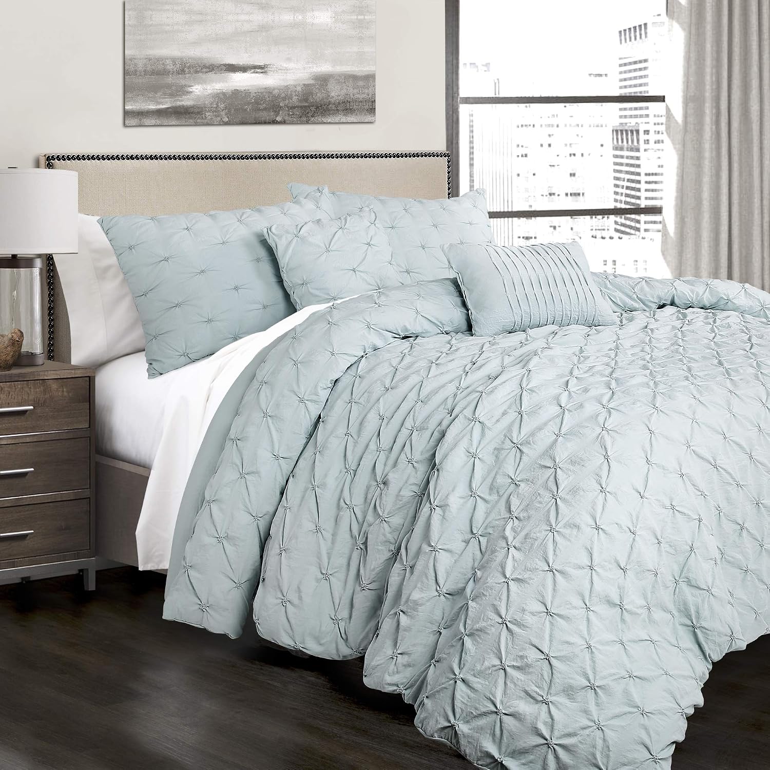 Lush Decor Ravello Pintuck Comforter Set - Luxe 5 Piece Textured Bedding Set - Traditional Glam & Farmhouse Inspired Bedroom Decor - King, Blue