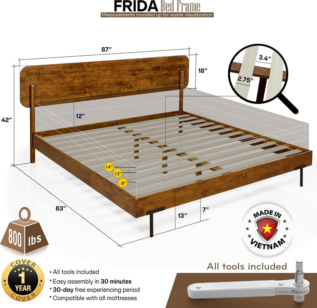 Acacia Frida King Size Bed Frame and Headboard Solid Wood Platform Bed, King Bed Frame 800 lbs Capacity, Scandinavian Signature Wood Bed Compatible with All Mattresses, Non-Slip Noise-Free, Caramel