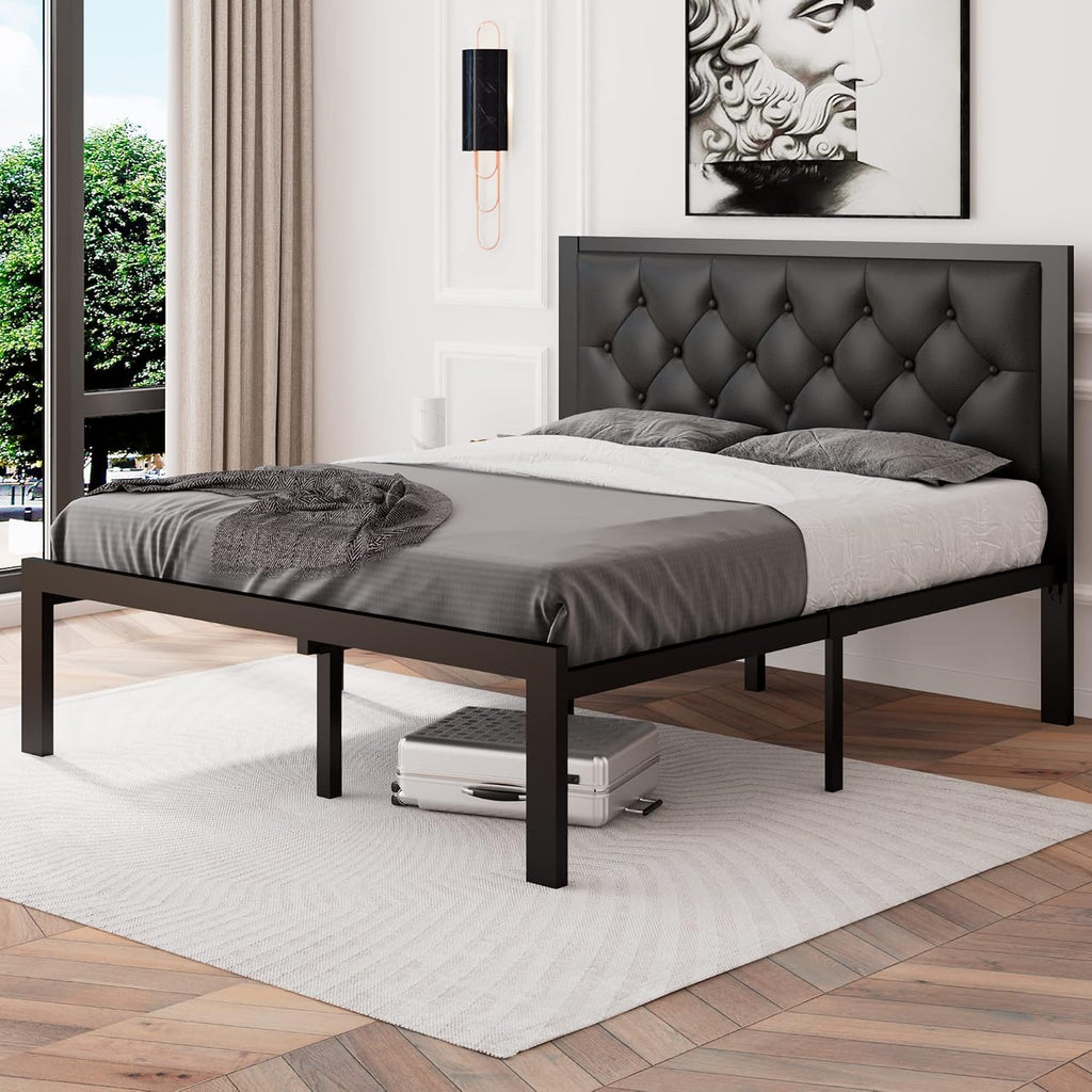 Feonase Full Size Metal Bed Frame with Faux Leather Button Tufted Headboard, Heavy-Duty Platform Bed Frame with 12' Storage, Steel Slats Support, No Box Spring Needed, Noise Free, Black