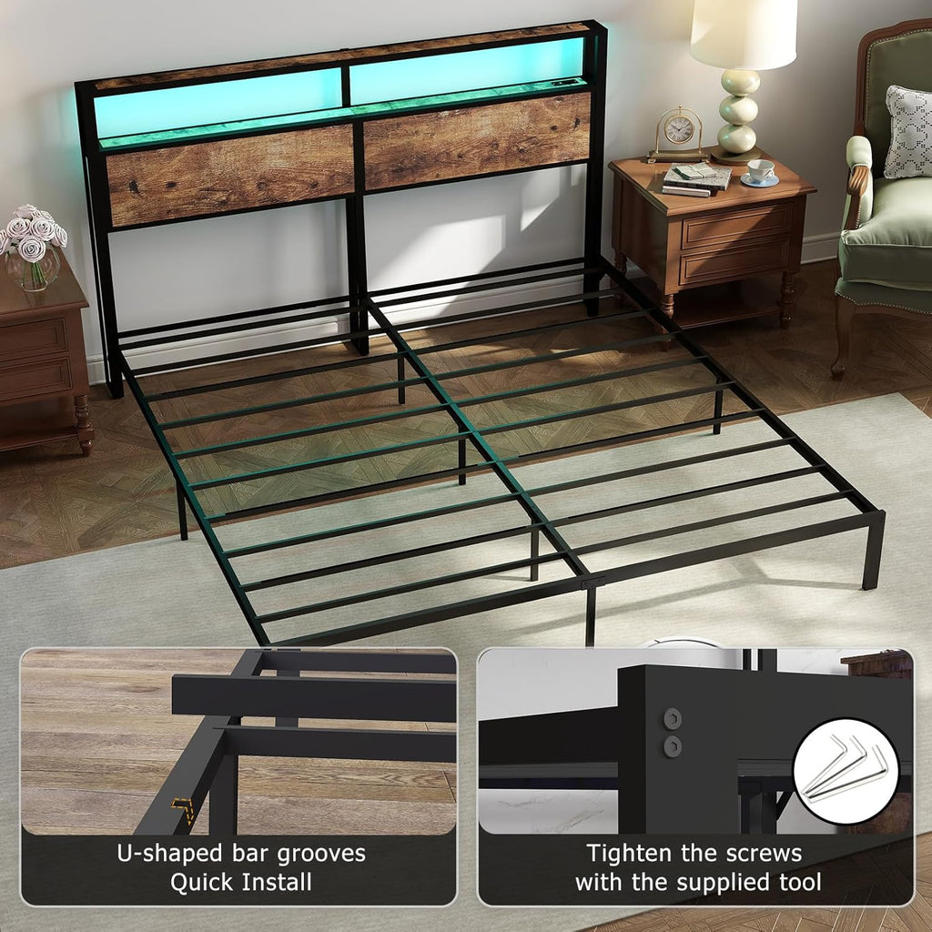 King Size Bed Frame with Headboard, Metal Platform Bed Frame with LED Lights & Charging Station, Under Bed Storage, Solid and Stable, No Box Spring Needed, Noise Free, Easy Assembly, Vintage Brown