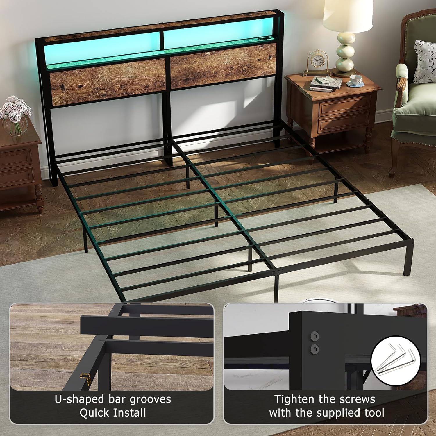 King Size Bed Frame with Headboard, Metal Platform Bed Frame with LED Lights & Charging Station, Under Bed Storage, Solid and Stable, No Box Spring Needed, Noise Free, Easy Assembly, Vintage Brown