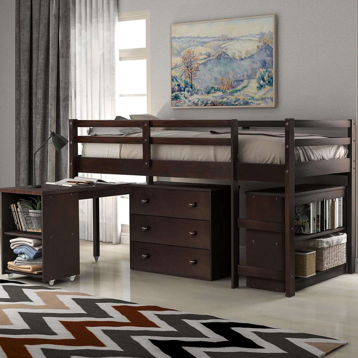 Harper & Bright Designs Wood Twin Size Loft Bed with Desk and Storage Cabinet, Low Loft Bed with Storage Drawers for Kids Teens Girls Boys, No Box Spring Needed, Space Saving, Espresso