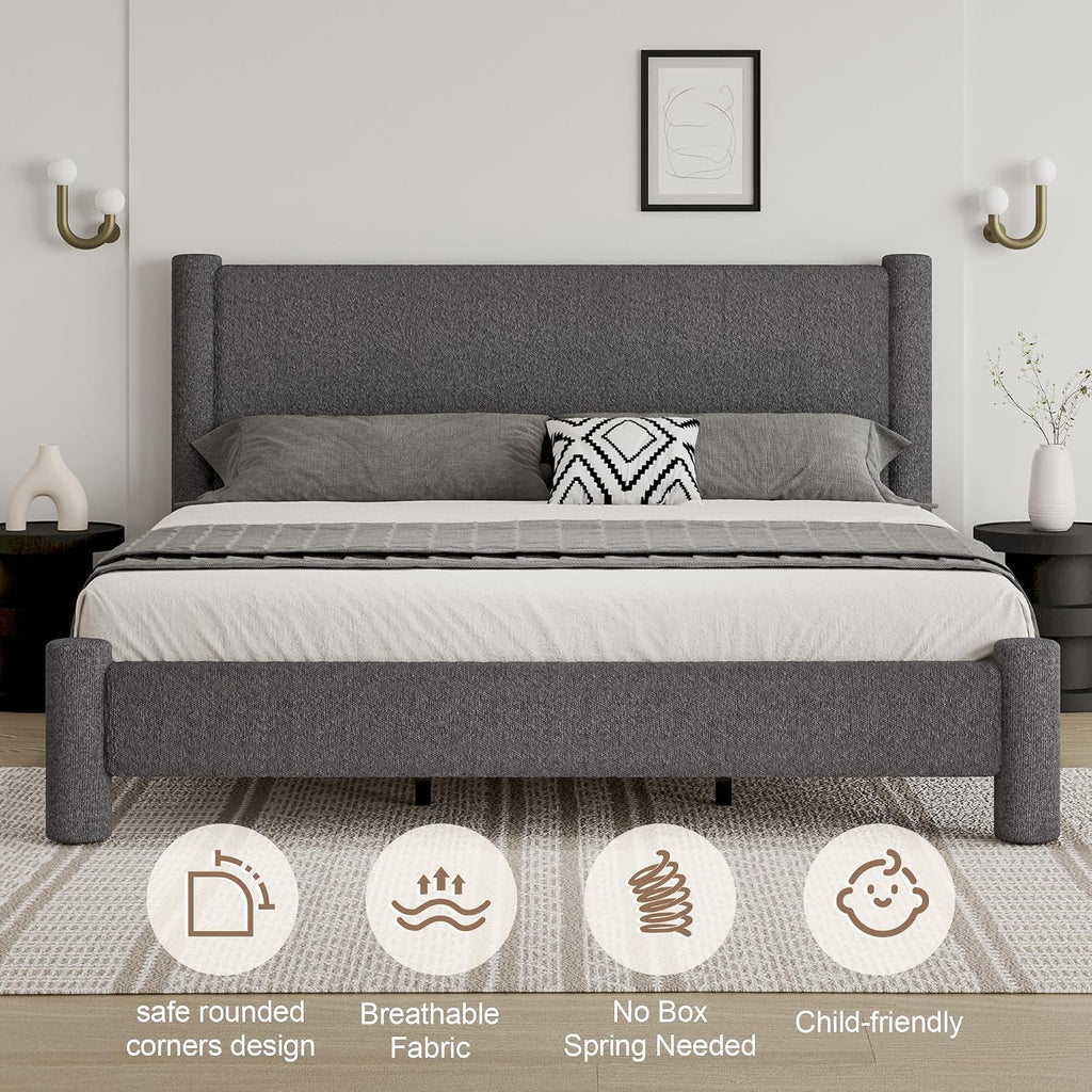REVOMINCA King Size Bed Frame, Boucle Upholstered Platform Bed with Headboard and Footboard, Soft Rounded Corners, No Box Spring Required, Easy Assembly, Dark Grey