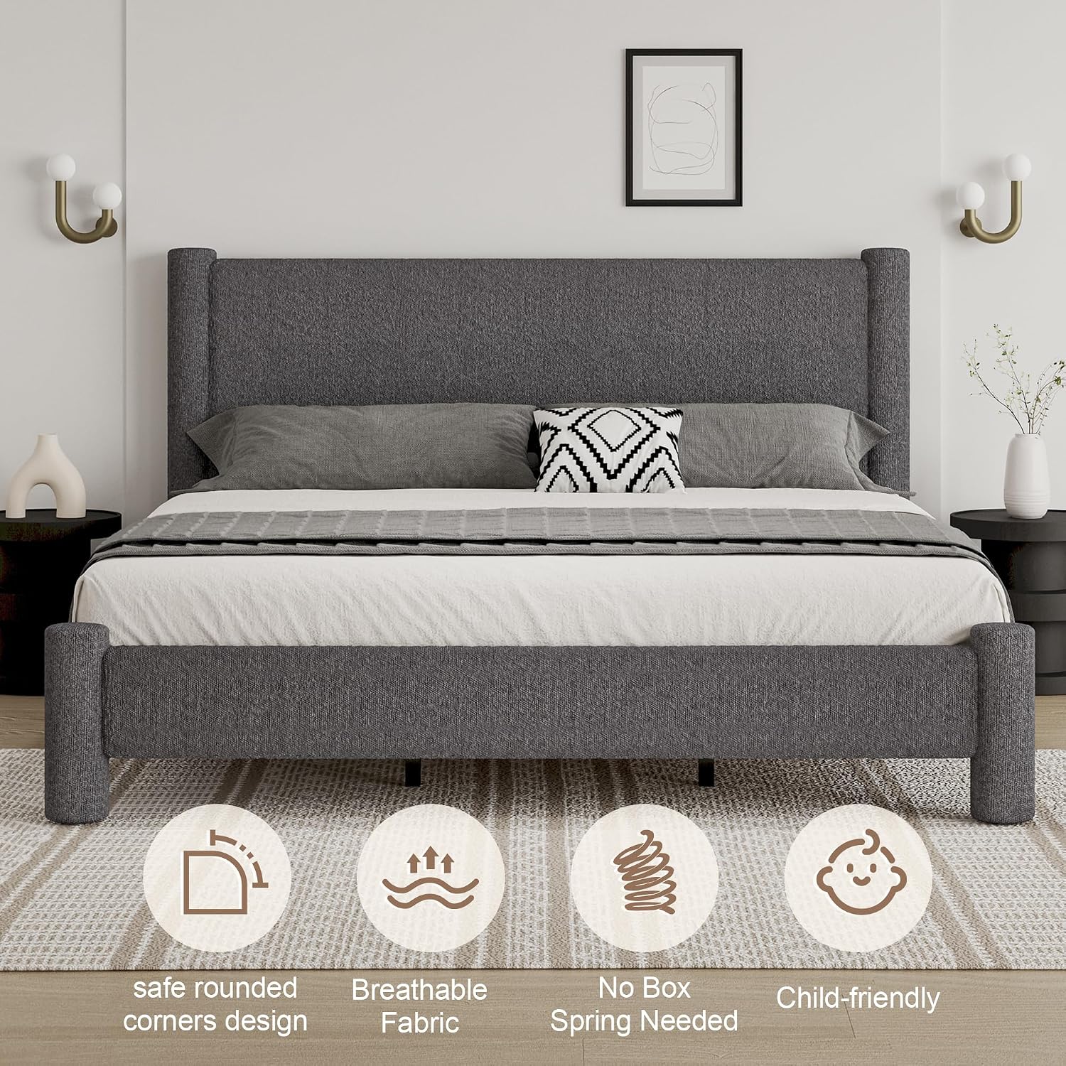 REVOMINCA King Size Bed Frame, Boucle Upholstered Platform Bed with Headboard and Footboard, Soft Rounded Corners, No Box Spring Required, Easy Assembly, Dark Grey