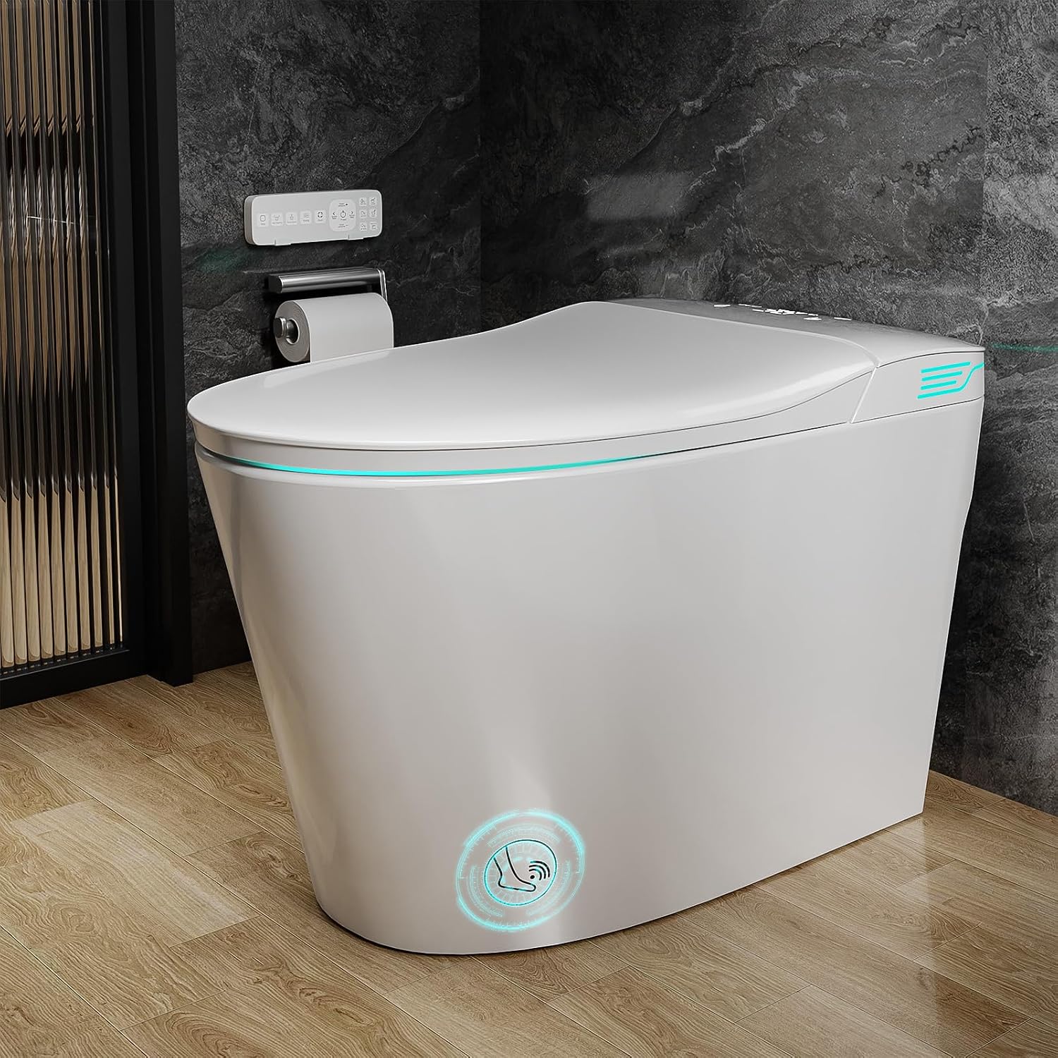 Smart Toilet with Bidet Built In ADA Height 17.7', 1.28GPF Power Flush, One Piece Bidet Toilet Design with Heated Seat, Voice Control, Remote Control, Foam Shield, Tankless Modern Toilet BSJ