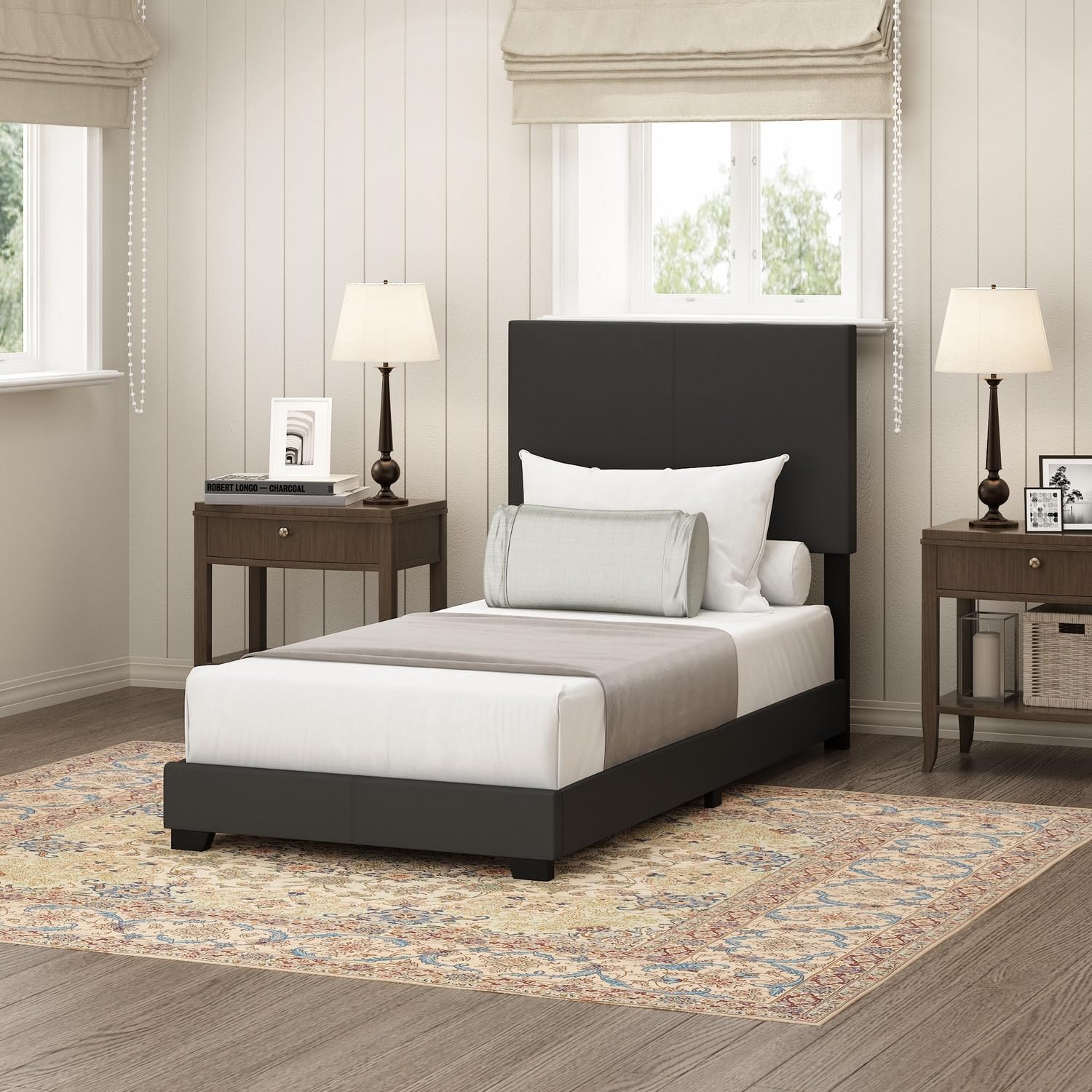 Furinno Pessac Upholstered Bed Frame, Black PU Leather, Twin XL