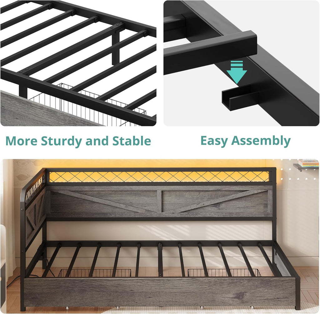ANCTOR Twin XL Corner Bed Frame with Storage Drawers, Daybed with LED Lights and Charging Station, No Box Spring Needed, Heavy Duty, Easy Assembly for Living Room, Bedroom and Guest Room, Grey