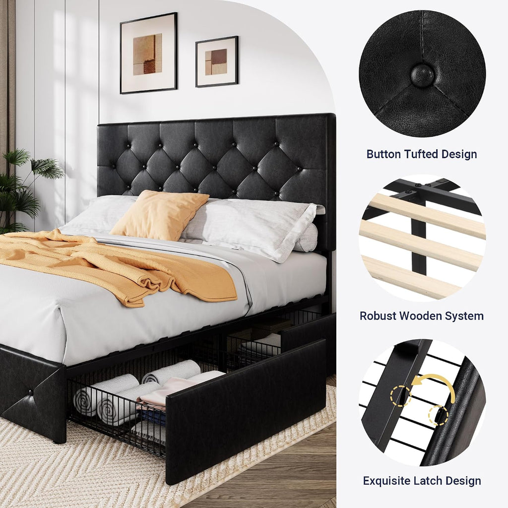 Allewie Upholstered Queen Size Platform Bed Frame with 4 Storage Drawers and Headboard, Diamond Stitched Button Tufted, Mattress Foundation with Wooden Slats Support, No Box Spring Needed, Black