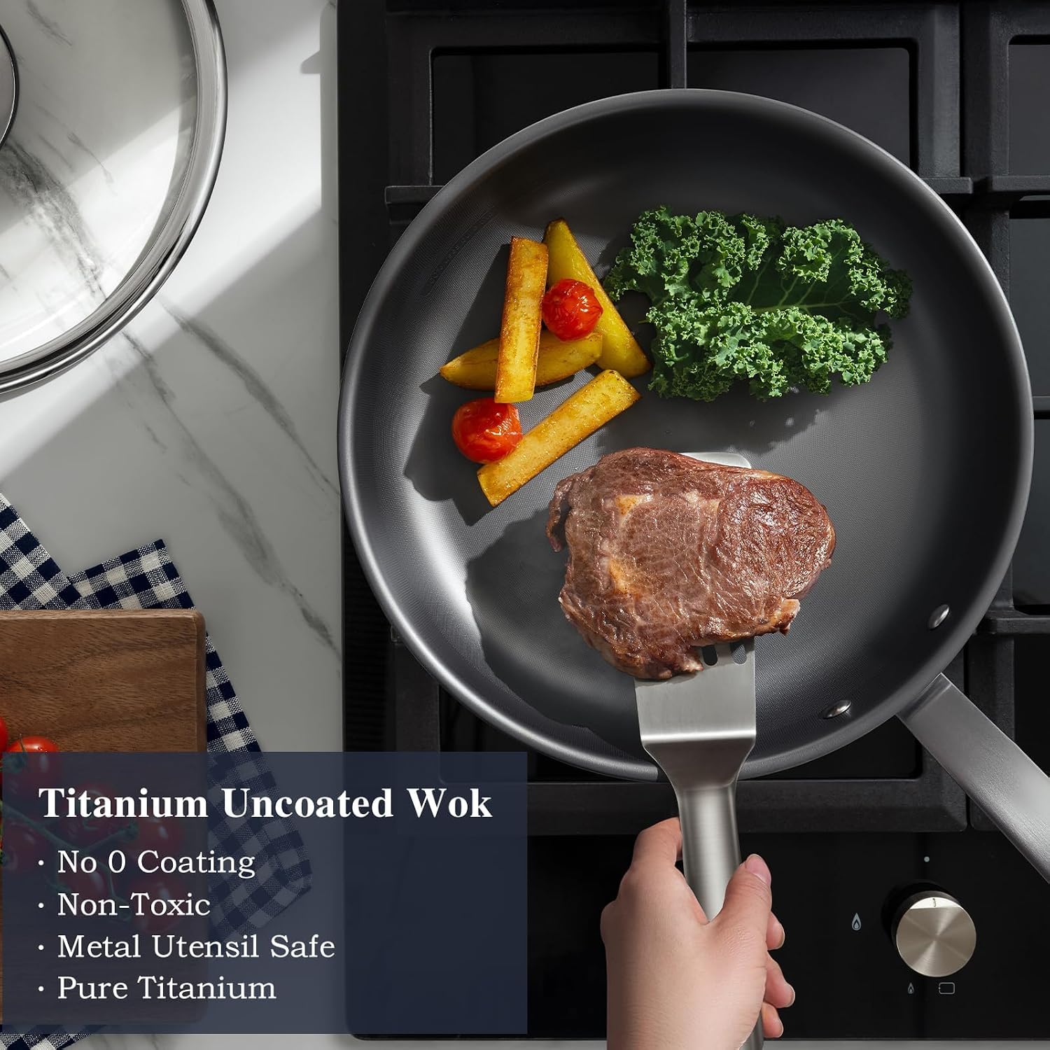 KOBACH 11-Inch Titanium Uncoated Pan, Nonstick Frying Pan with Lid – Stainless Steel Base Skillet, Dishwasher & Oven Safe, Induction Compatible, Non-Toxic & Easy to Clean Titanium Cookware