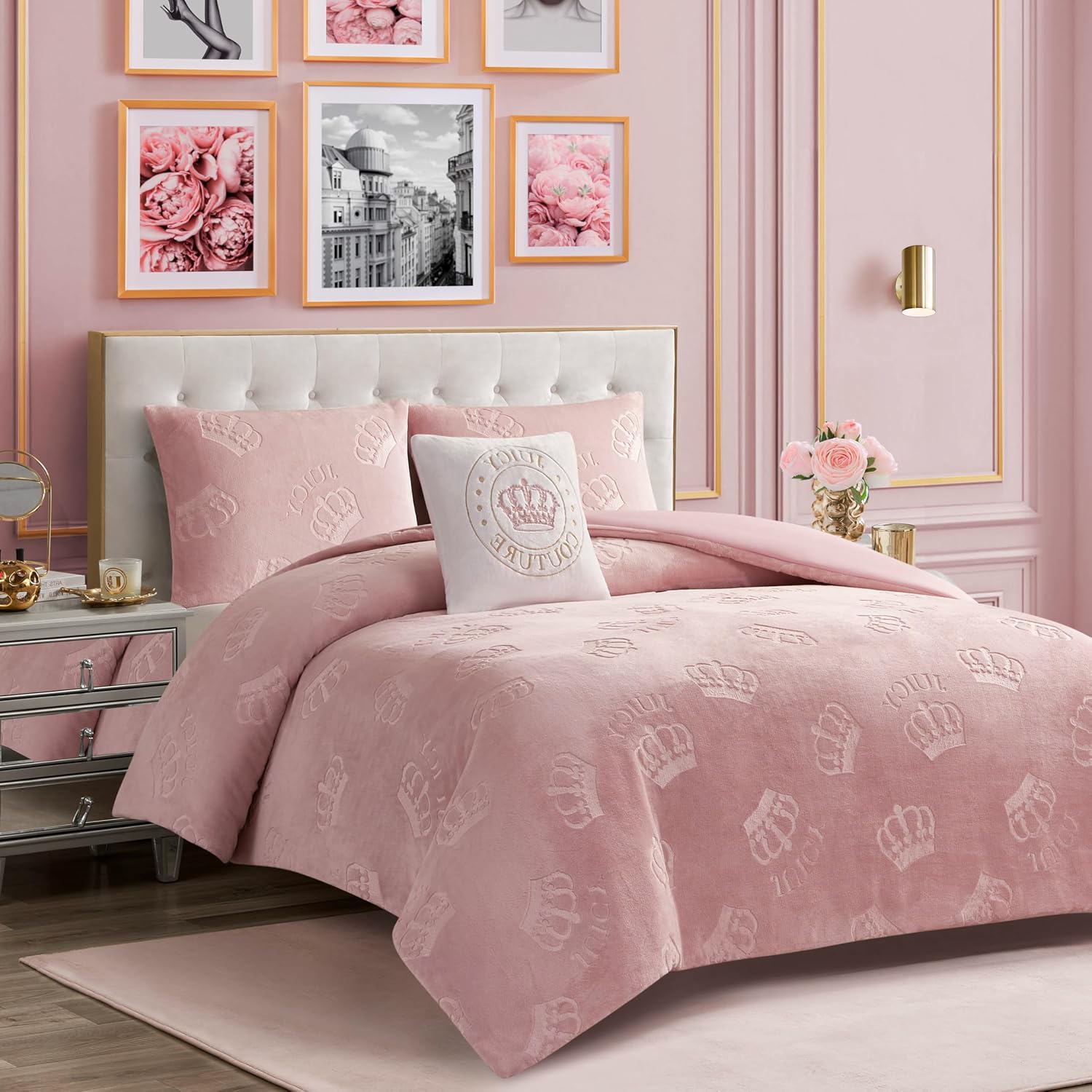Juicy Couture Plush Reversible Embossed Crown 3-Piece Twin/Twin XL Comforter Set with Decorative Pillow, Light Pink