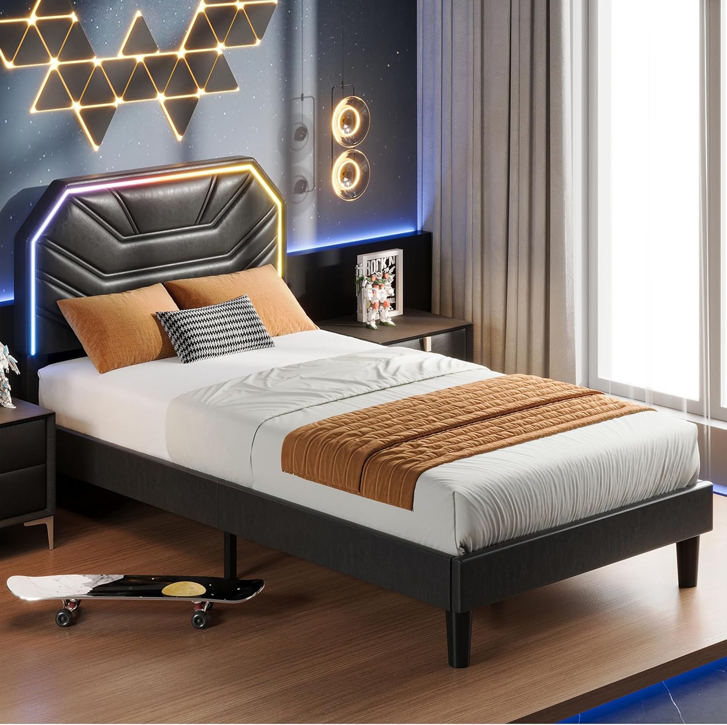 LIKIMIO Twin XL Bed Frames with LED Light Headboard, Upholstered Modern Cama Twin XL Platform Bed Frame with Heavy Duty Supports, No Box Spring Need, Noise Free, Easy Assembly, Black