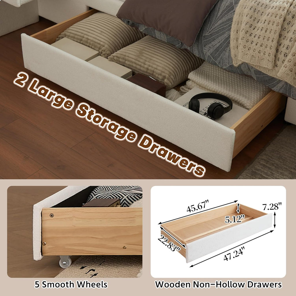 Queen Size Upholstered Platform Bed Frame with 2 Side Storage Drawers & Built-in Nightstands, Linen Headboard, Sturdy Metal Frame, Noise-Free, No Box Spring Needed, White
