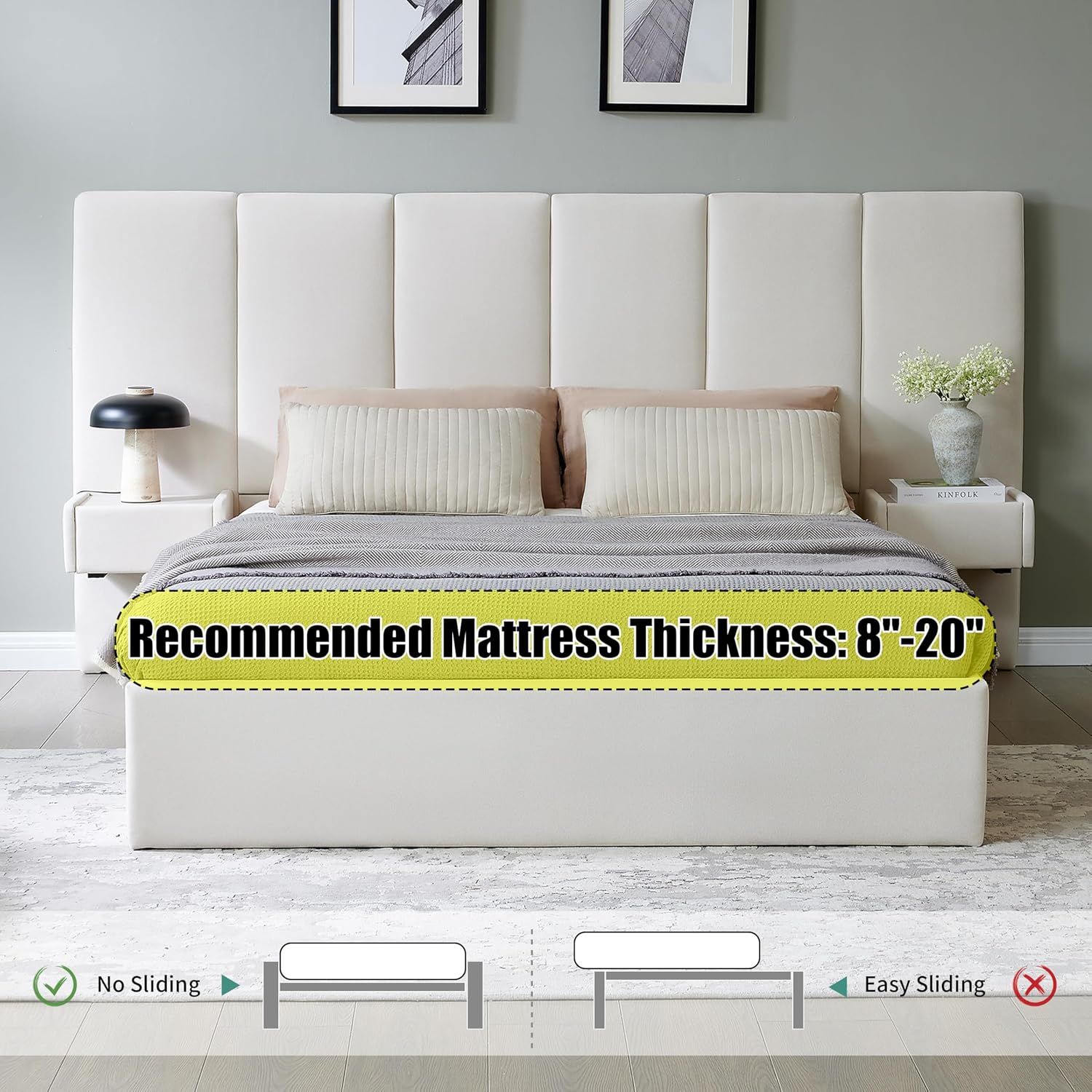 Queen Size Upholstered Platform Bed Frame with Lift-Up Storage, Velvet Headboard & Built-in Nightstands, No Box Spring Needed, Beige