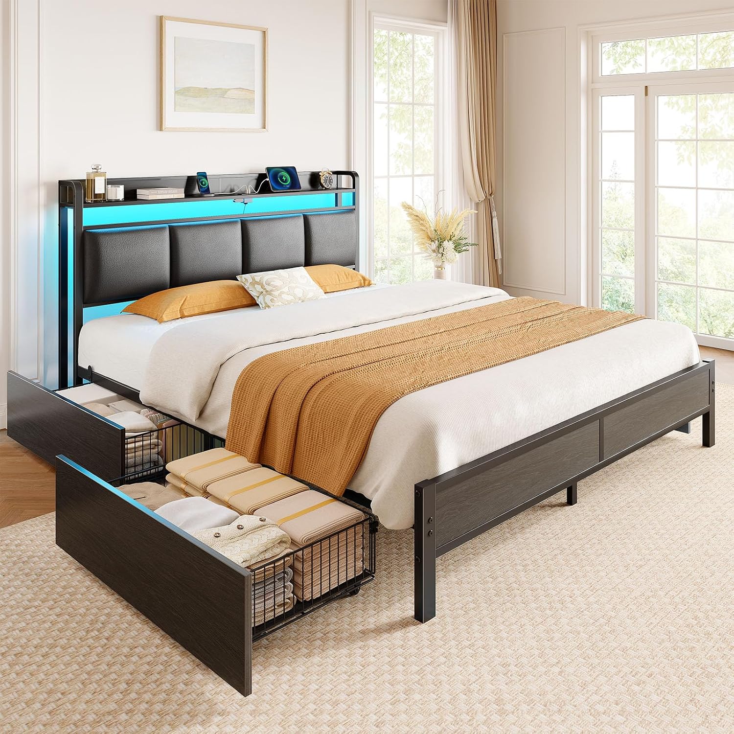 Rolanstar Bed Frame Full Size with Charging Station and LED Lights, Upholstered Storage Headboard with Drawers, Heavy Duty Metal Slats, No Box Spring Needed, Easy Assembly, Black