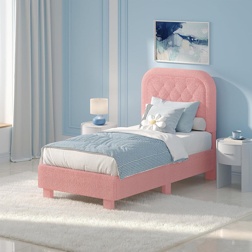 VINGLI Twin Platform Bed Frame Set of 2 with 46 Inches Tall Boucle Upholstered Headboard, Girls Puffy Cloud Princess Single Panel Bed with Rounded Corners for Kids Room, Apartment, Pink | Cream Furniture