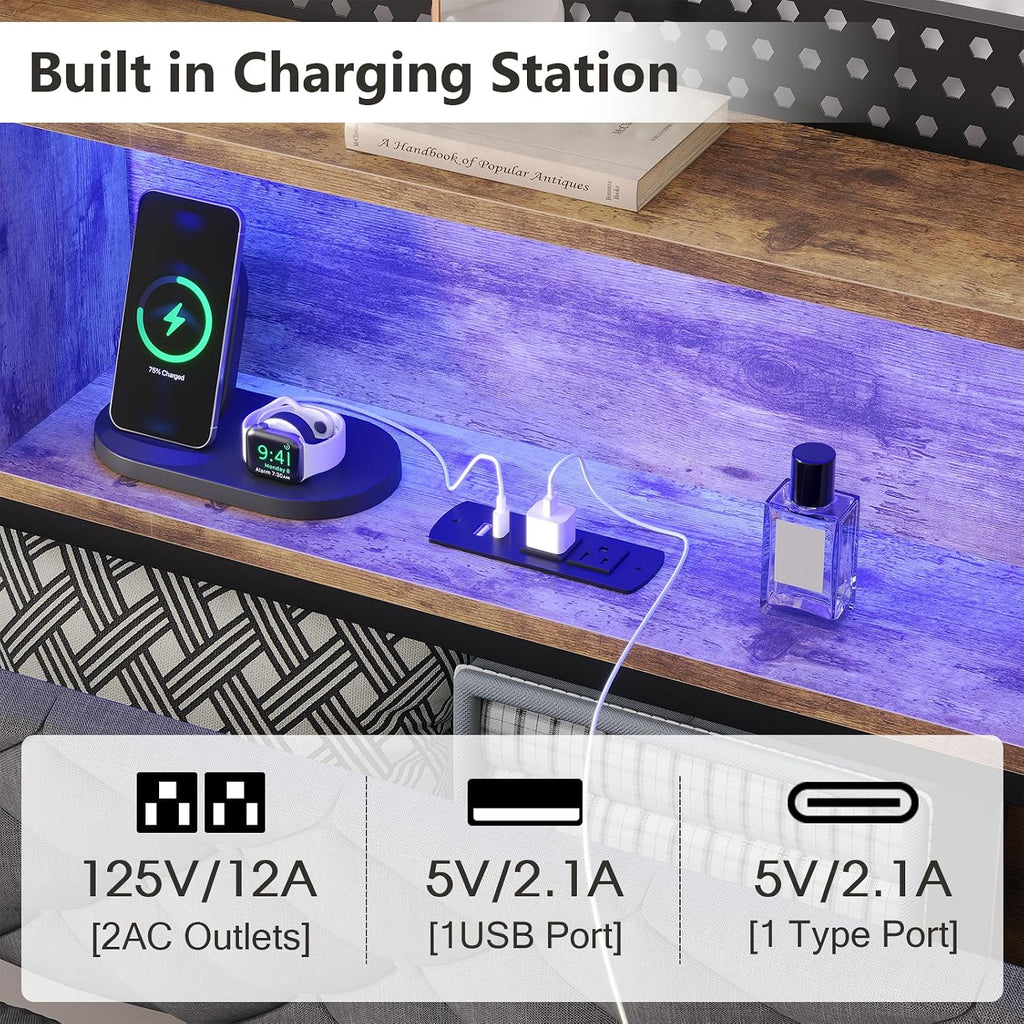 Dnxao King Size Bed Frame with Storage and Upholstered Headboard,Heavy Duty Metal Platform Bed with LED Lights,Charging Station & Hidden Shelves,Noise-Free,No Box Spring Needed,1200lbs,Gray