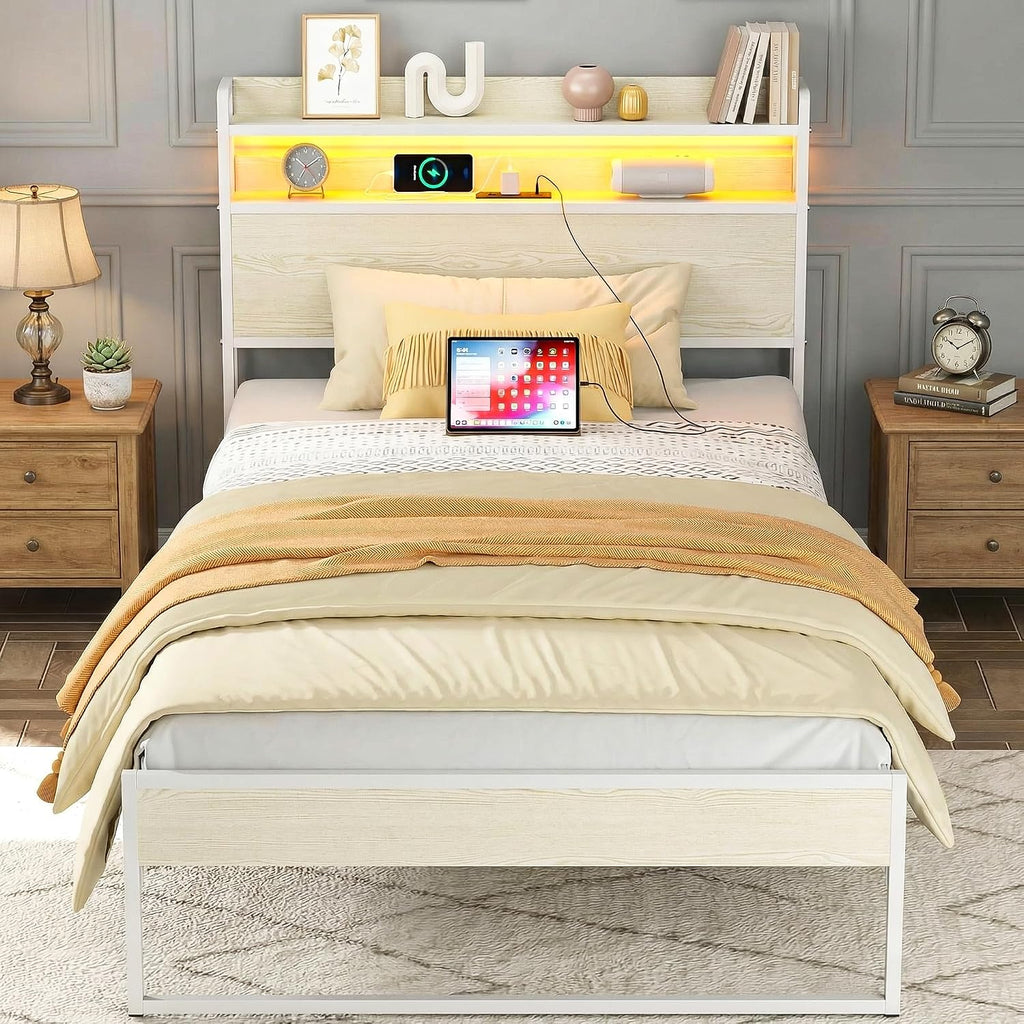 Elephance Twin Bed Frames with Charging Station and LED Lights, Metal Bed Frame with 2-Tier Storage Headboard, No Box Spring Needed, Noise Free, Easy Assembly,Beige