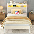 Elephance Twin Bed Frames with Charging Station and LED Lights, Metal Bed Frame with 2-Tier Storage Headboard, No Box Spring Needed, Noise Free, Easy Assembly,Beige