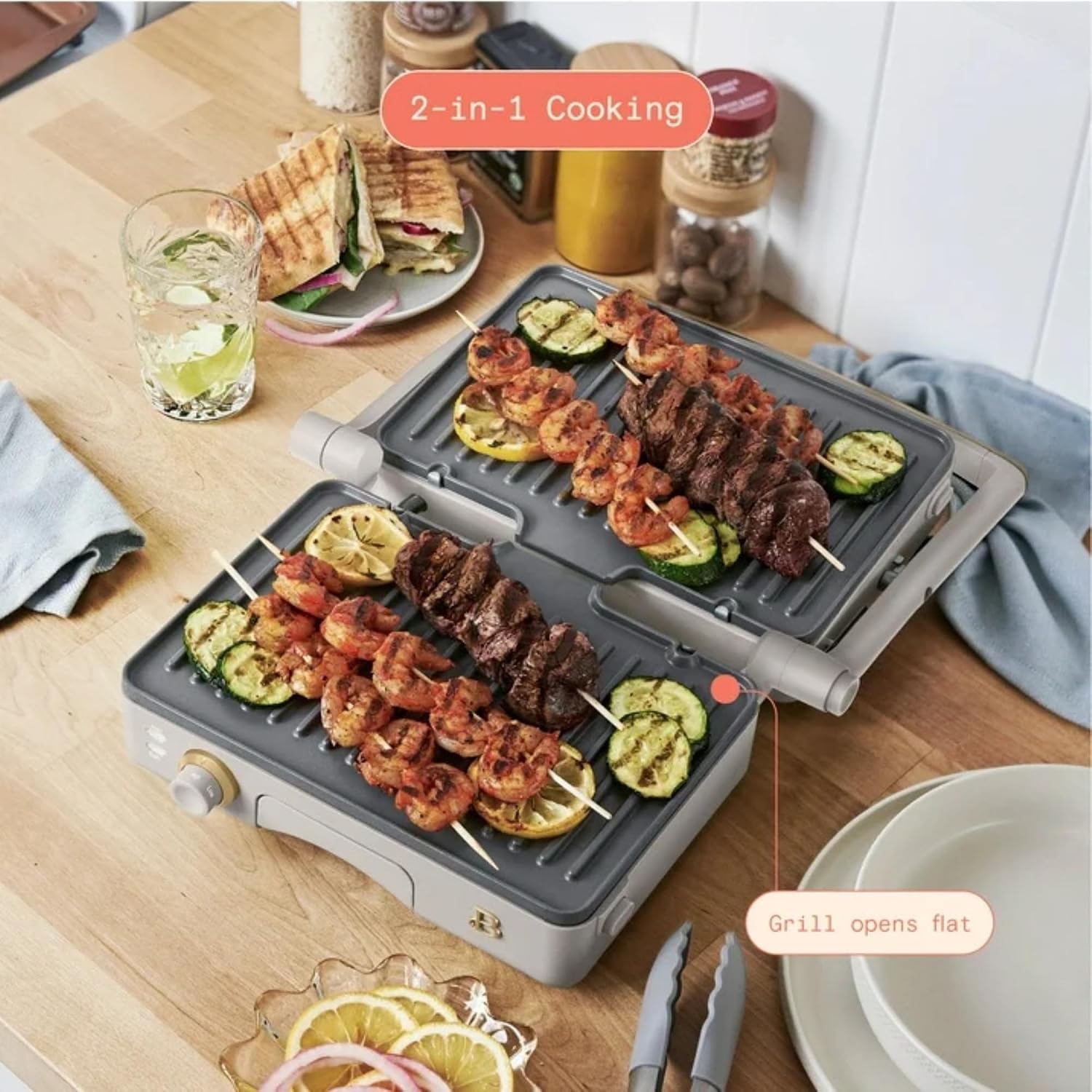 Panini Press Indoor Grill 2-in-1 Electric Contact Grill with Removable Nonstick Plates, 1200W Adjustable Temperature Sandwich Maker (Porcini Taupe)