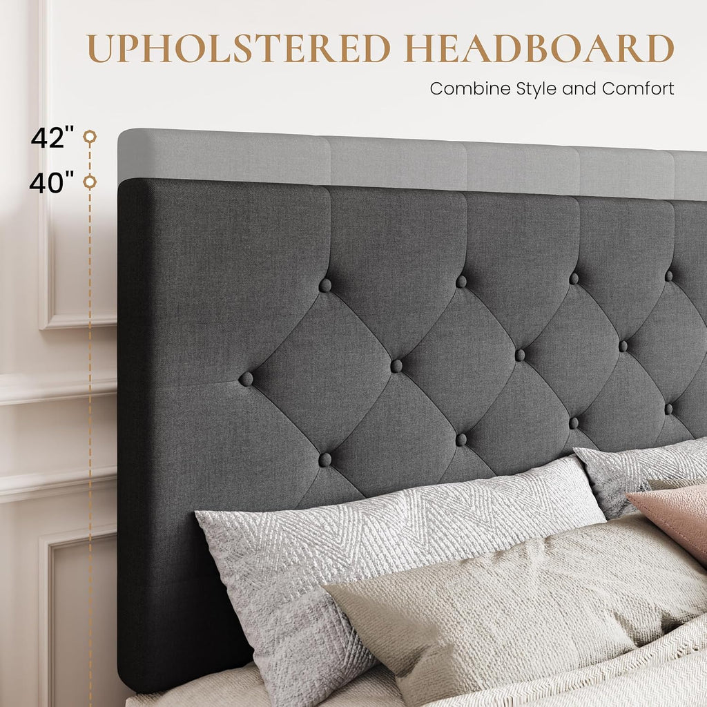 SHA CERLIN Upholstered King Size Platform Bed Frame with 4 Storage Drawers, Adjustable Headboard with Diamond Stitched Button Tufted Design, Wooden Slat Support, No Box Spring Needed, Dark Grey