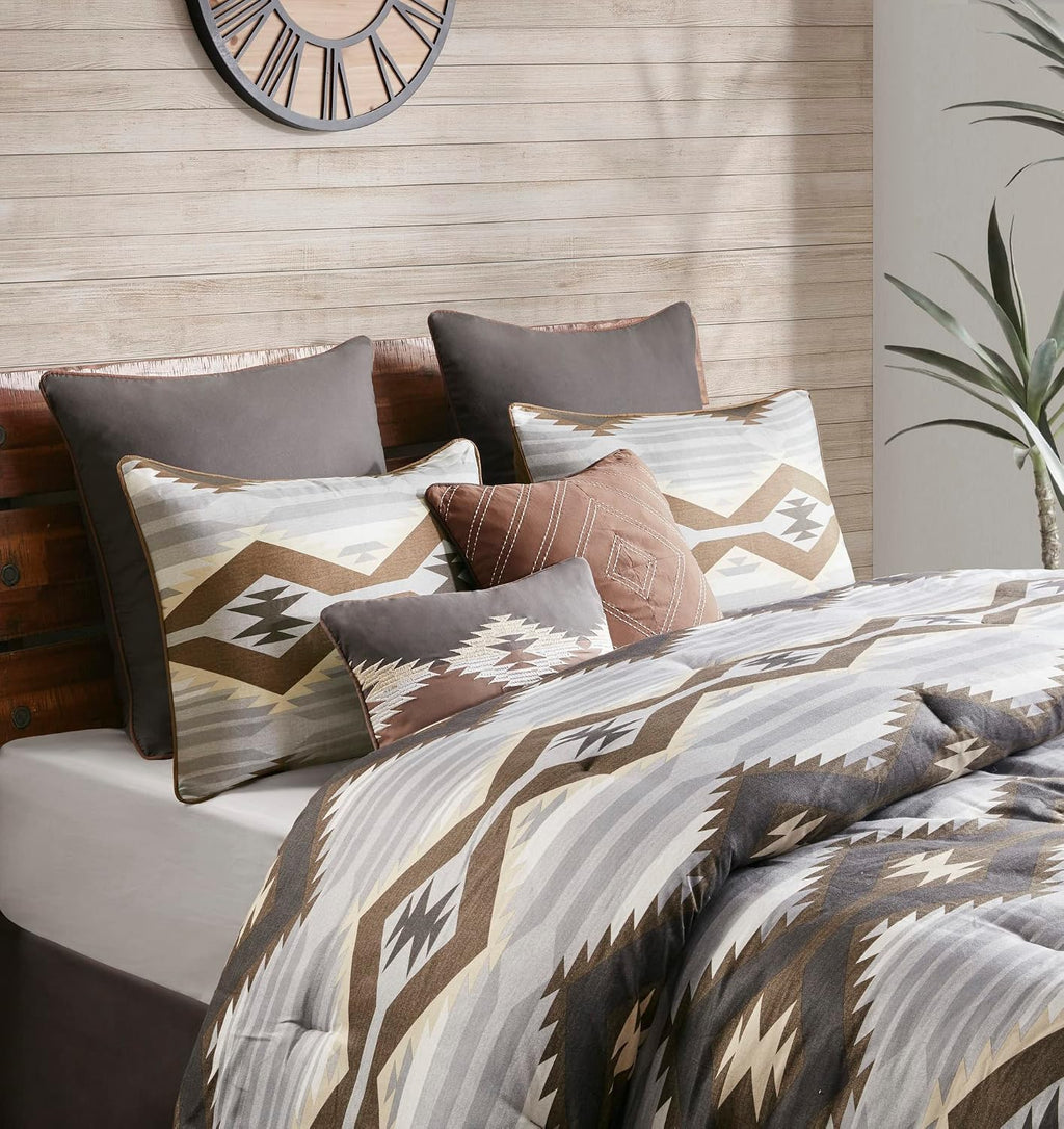 Woolrich Queen Comforter Set, Southwestern Aztec 8 Piece Bedding Set, Oversized All Season Down Alternative Comforter with Shams, Euro Shams, Decorative Pillows & Bedskirt, Rustic Cabin, Grey Brown