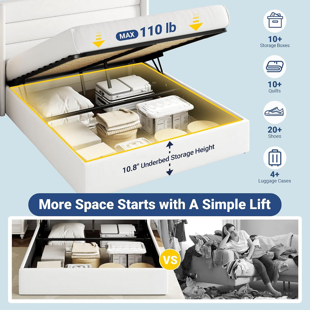 Allewie Full Size Velvet Lift Up Storage Bed, Modern Wingback Headboard, Hydraulic Support, No Box Spring Needed, White