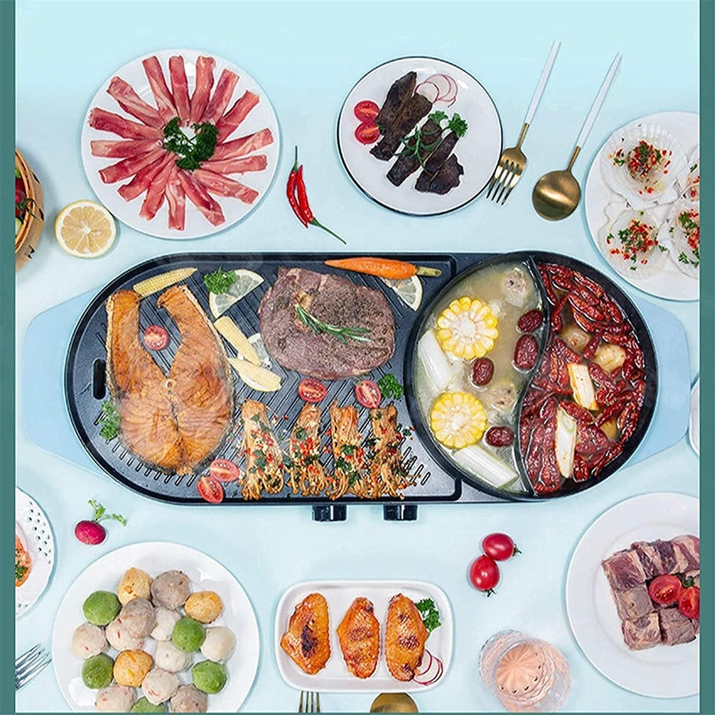 2 in 1 2000W Electric Hot Pot Oven Smokeless Barbecue Machine Home BBQ Grills Indoor Roast Meat Dish Plate Multi Cooker,Household Nonstick Electric Griddle