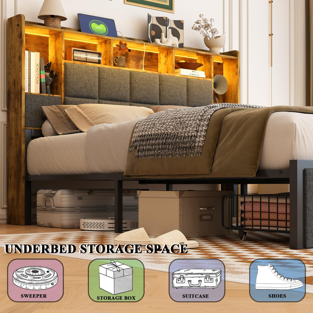 TIGUBFRE LED Bed Frame Queen Size with 2 Hidden Storage Drawers, Bookshelf Headboard, Upholstered Platform Metal Bed Frame with Charging Station, Metal Slats Support, Noise Free, No Box Spring Needed