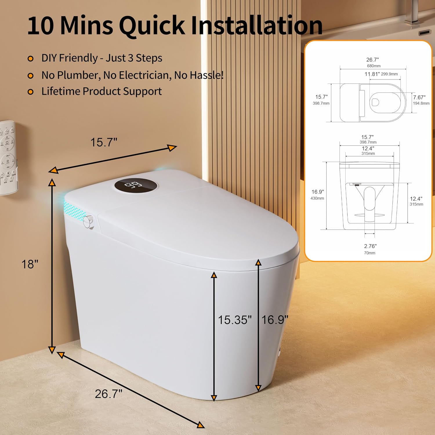 Smart Toilet with Bidet, Elongated Heated Seat, Dual Auto Flush, Manual Soft-Close Seat & Lid, Child Mode, Warm Water Wash & Air Dry, Tankless Electric One Piece Toilet for Bathroom with LED Display