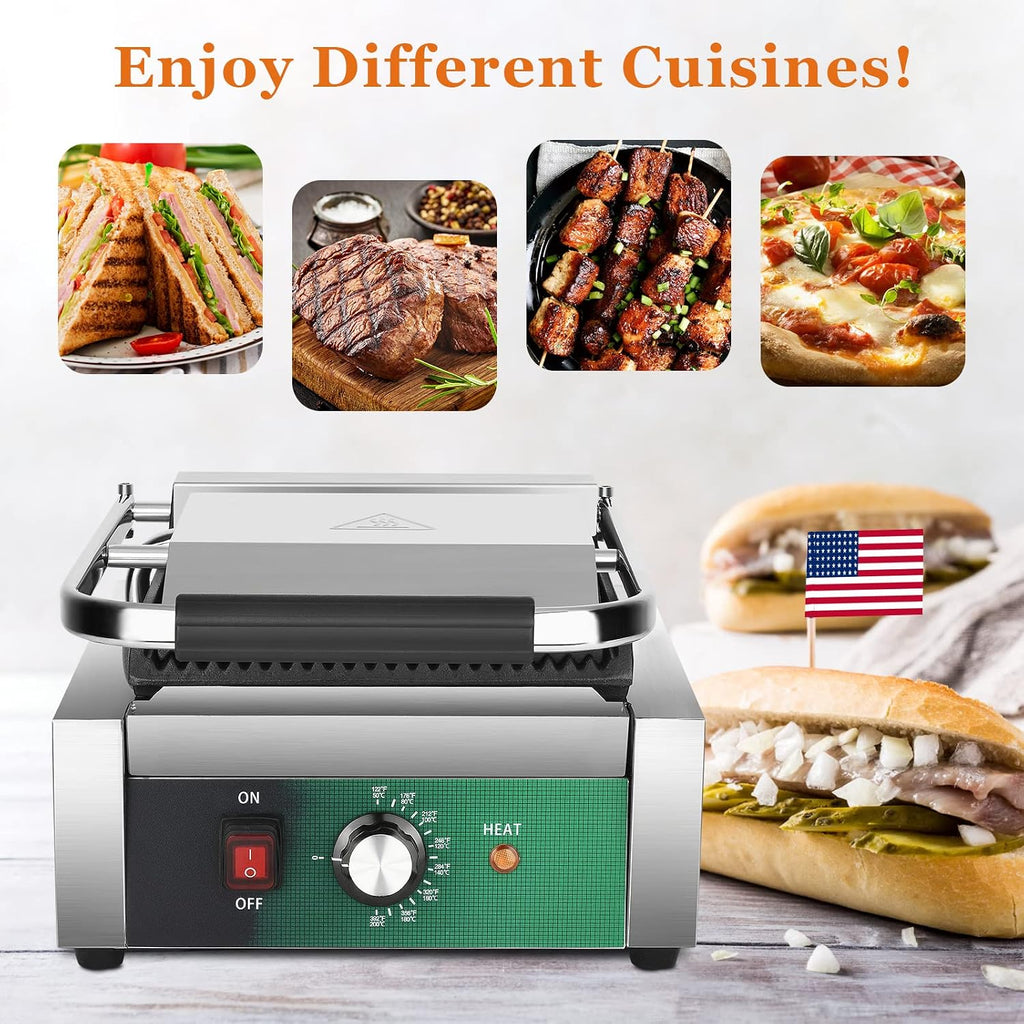 Commercial Panini Press, 2200W Panini Grill Press Sandwich Maker with Non-Stick Grooved Plates and Adjustable Temperature Control, Double-sided Heating Electric Griddle