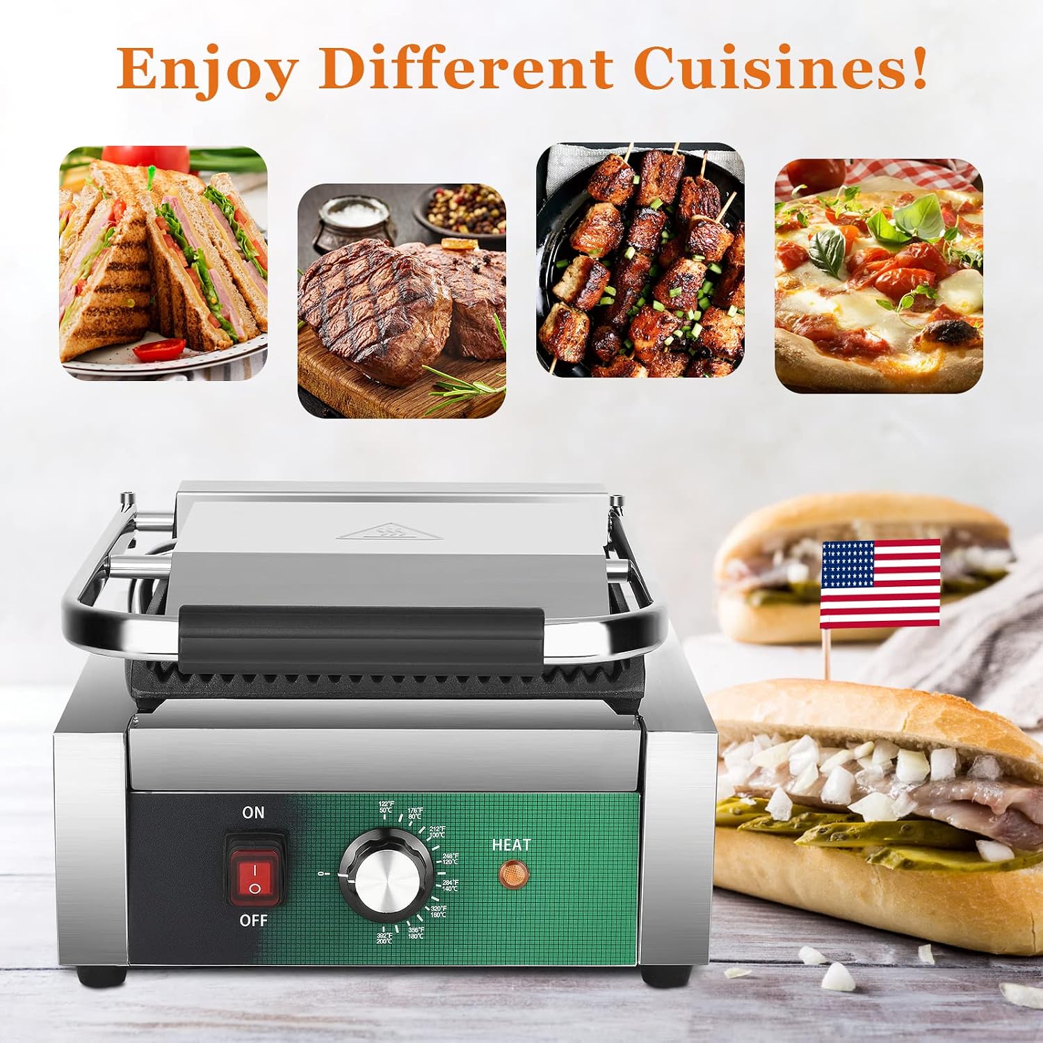 Commercial Panini Press, 2200W Panini Grill Press Sandwich Maker with Non-Stick Grooved Plates and Adjustable Temperature Control, Double-sided Heating Electric Griddle