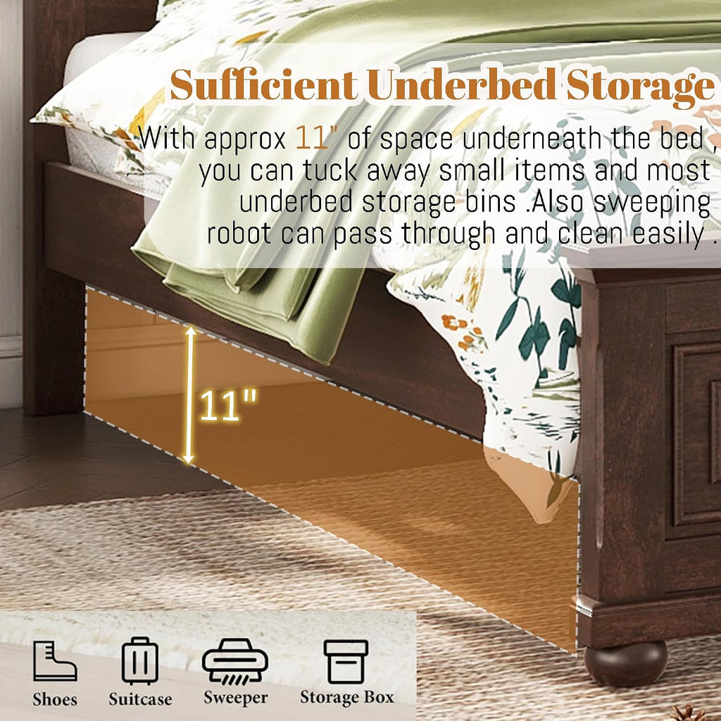 Mirightone Wood King Bed Frame with Tall Headboard and Footboard, Rustic King Panel Bed with Under Bed Storage, Farmhouse Style, Noise-Free, No Box Spring Needed, Antique Brown