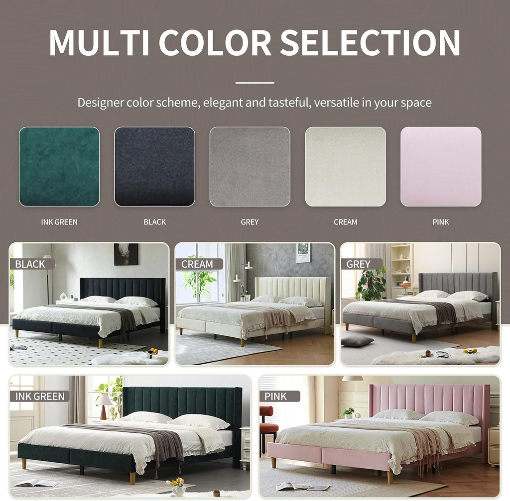 YUHUASHI upholstered Platform Bed Frame/King Bed Frame/Modern Geometric Double-Wing Design headboard/Velvet Fabric/Easy to Assemble no Noise (Cream, King (U.S. Standard))