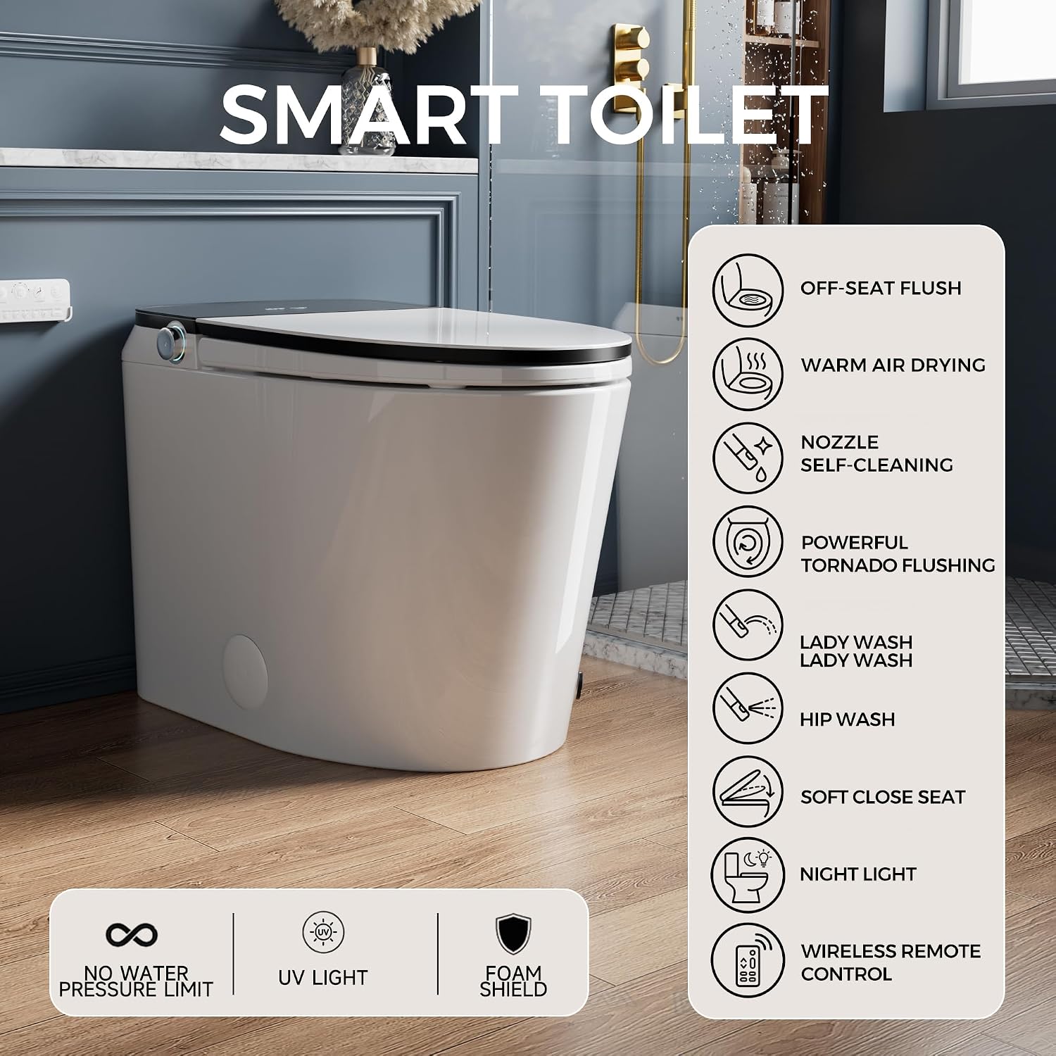 18' Tall Smart Toilet with Bidet Built in,Elongated,Tank Built in,LED Display,Auto Open Close,1000g MaP Flush,Warm Water Sprayer,Dryer,Foot Sensor,Heated Seat & Foam Dispenser
