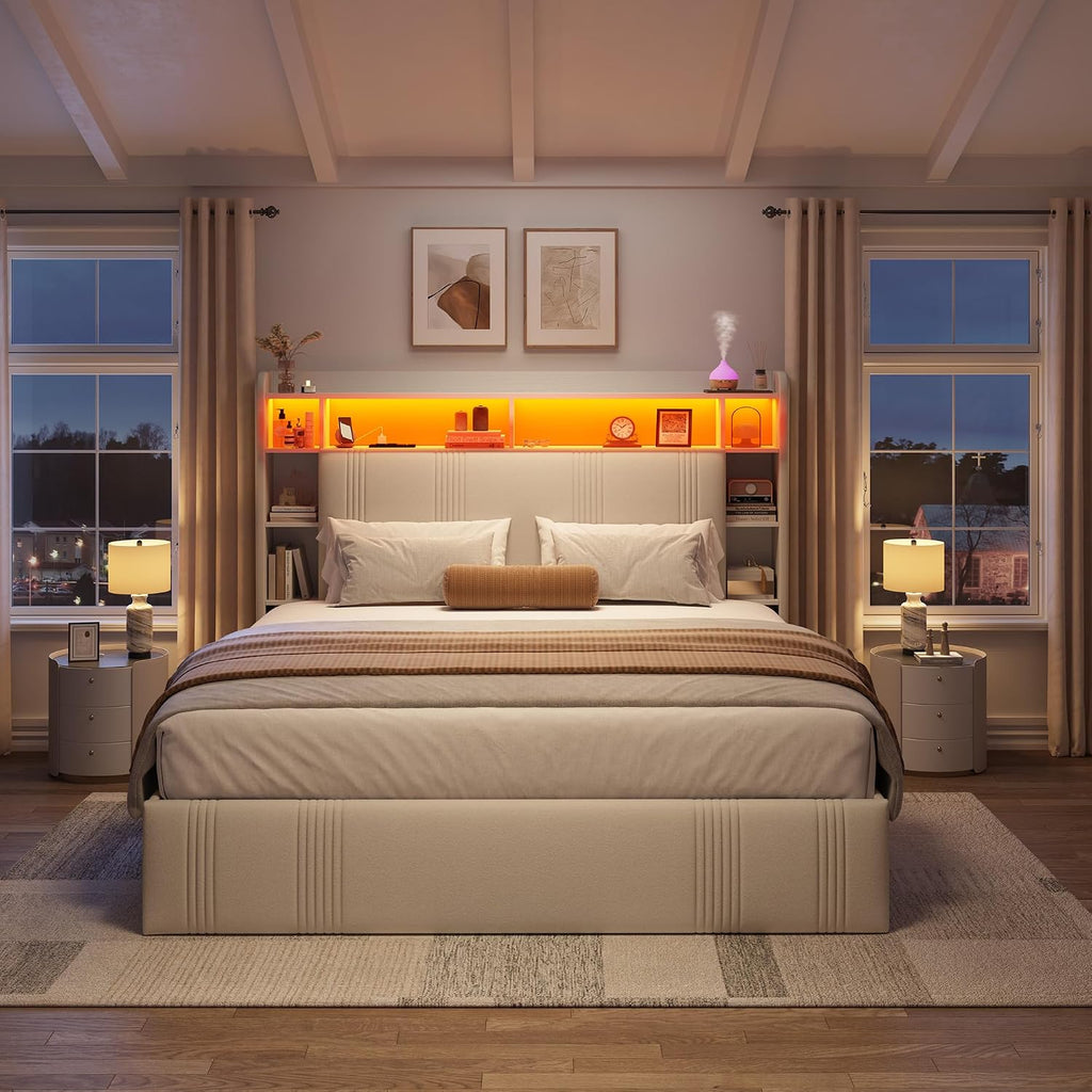 EnHomee Full Size Bed Frame with 4 Storage Drawers and Headboard Upholstered Full Bed Frame with LED & Charging Station & Shelf, No Noise, No Box Spring Needed, Beige