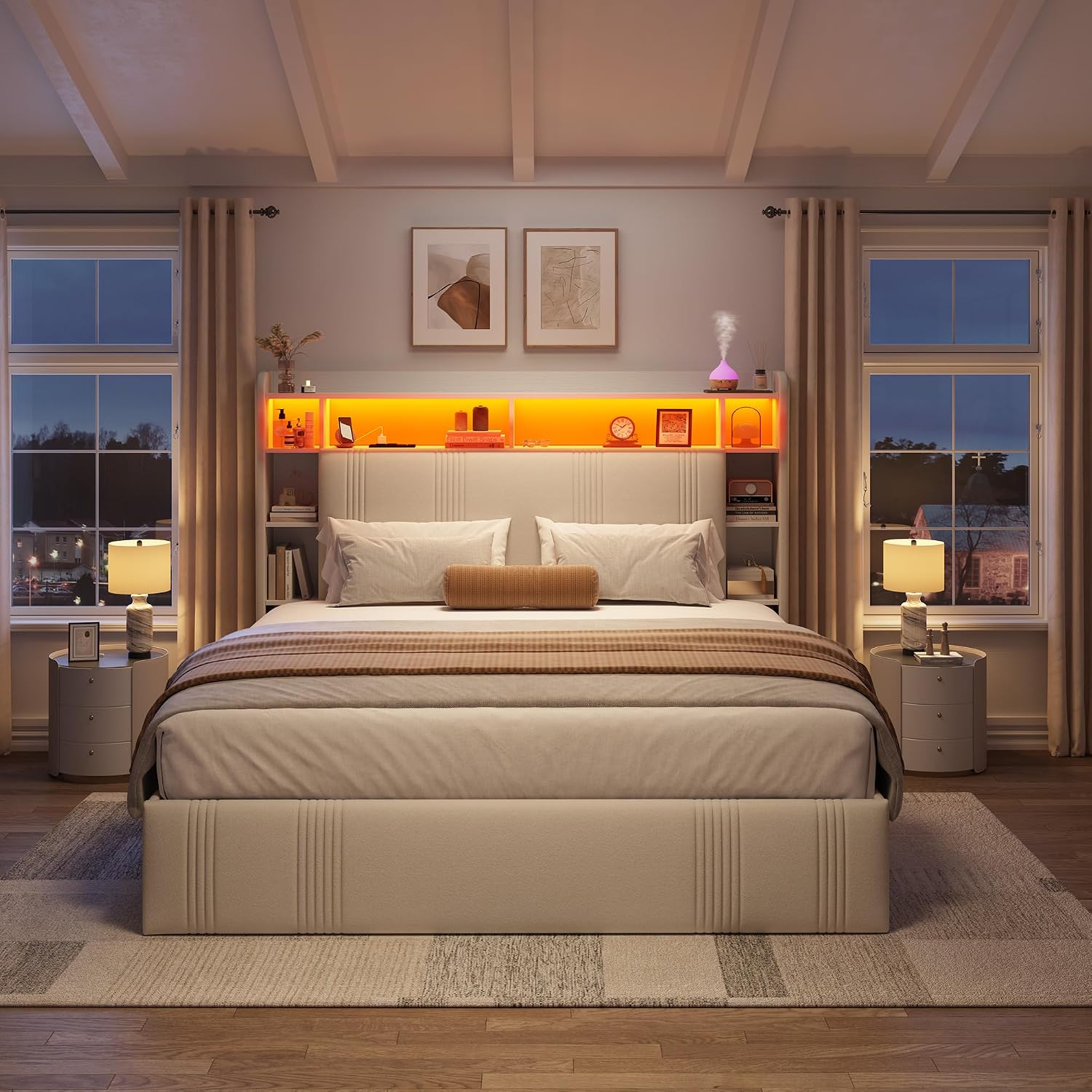 EnHomee Full Size Bed Frame with 4 Storage Drawers and Headboard Upholstered Full Bed Frame with LED & Charging Station & Shelf, No Noise, No Box Spring Needed, Beige