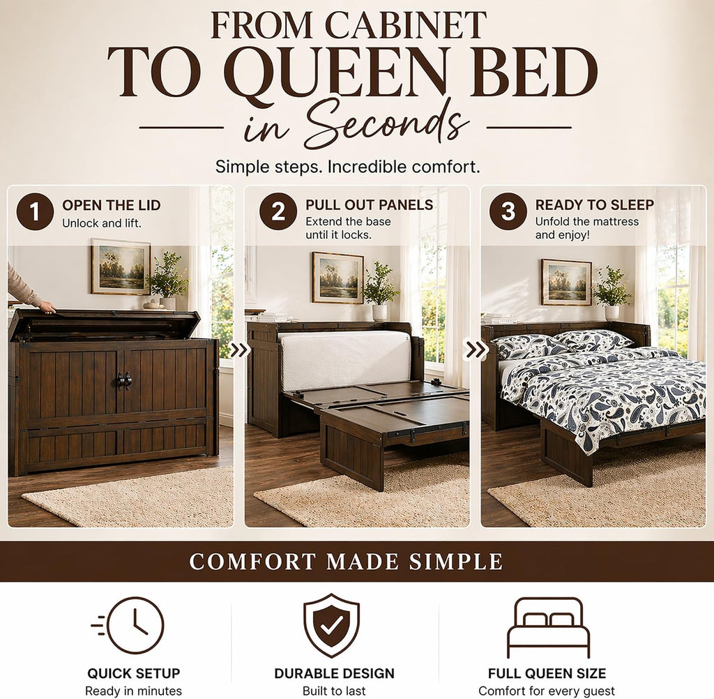 NIGHT & DAY Furniture Murphy Cube Cabinet Bed (Rustic Brown w/Ranchero Hardware, Queen)