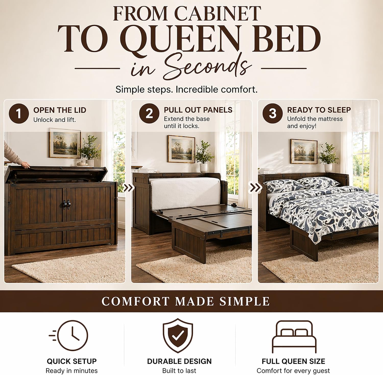 NIGHT & DAY Furniture Murphy Cube Cabinet Bed (Rustic Brown w/Ranchero Hardware, Queen)