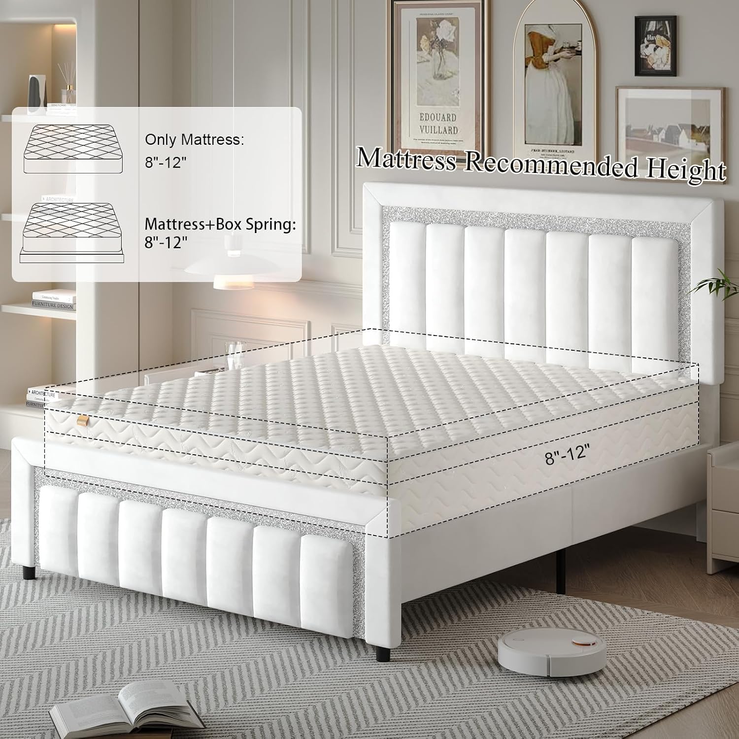 HOMBCK Full Size Bed Frame, Full Bed Frames with Upholstered Headboard, Princess Platform Bed with Diamond Design and Wooden Slats Support, No Box Spring Needed, Easy Assembly, White