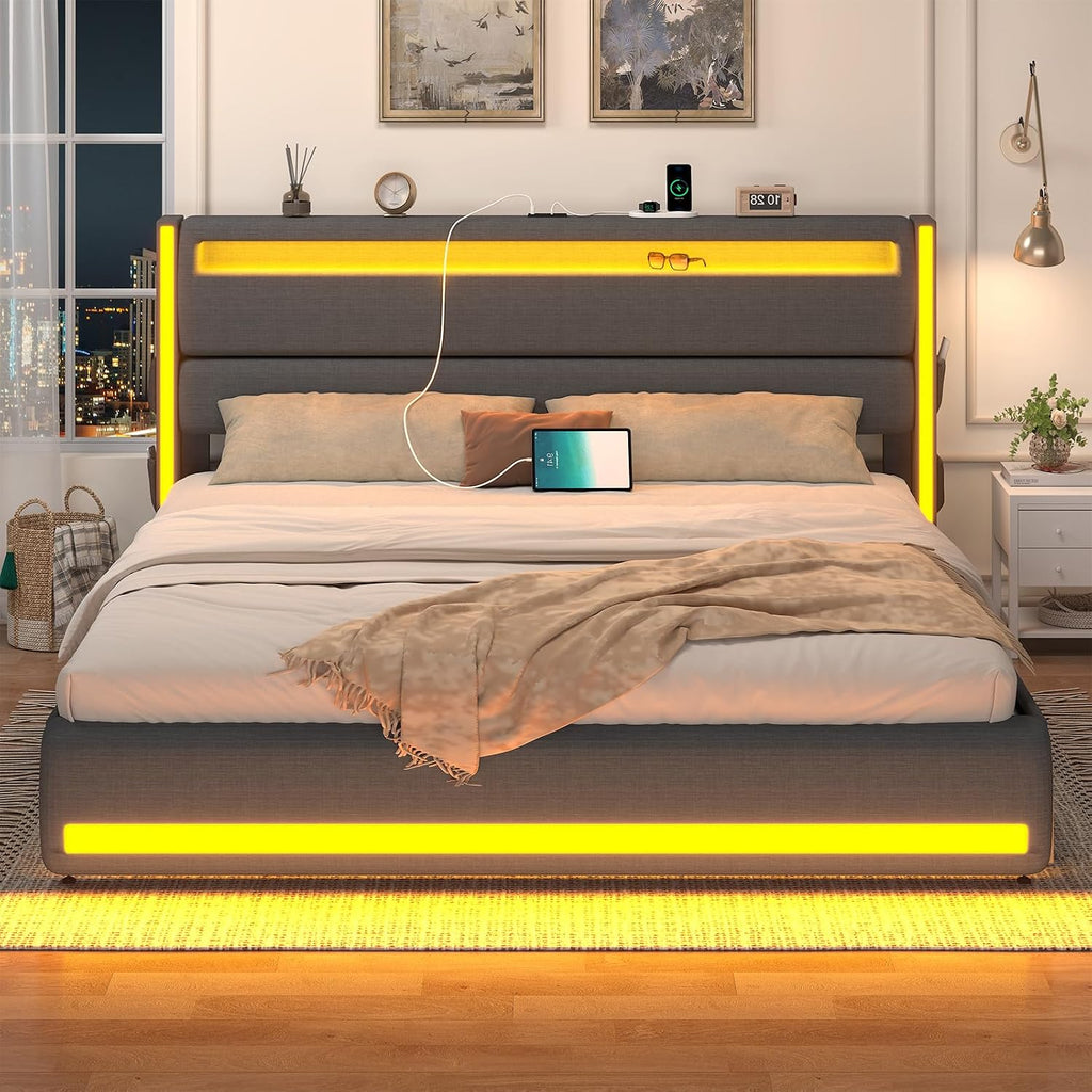 King Size Bed Frame and Adjustable Headboard, Light up King Size Platform Bed Frame with Type-C & USB Charging Station, LED Upholstered Metal Bed Frame King Size, No Box Spring Needed, Dark Grey