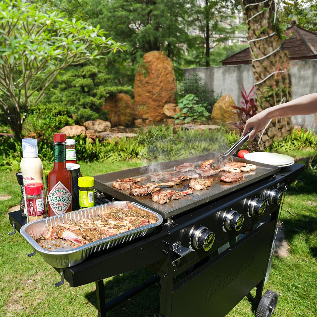 KingChii 32' 4-Burner Griddle with Counter Height Side Shelves, Powder Coated Steel, Black