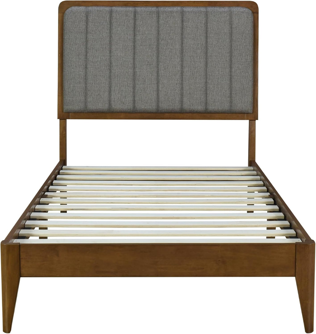 DG Casa Raven Solid Wood Twin Size Bed Frame - Mid Century Modern Style, Platform with Tufted Upholstered Adjustable Height Headboard, No Box Spring Required, Walnut Finish, Brown Fabric